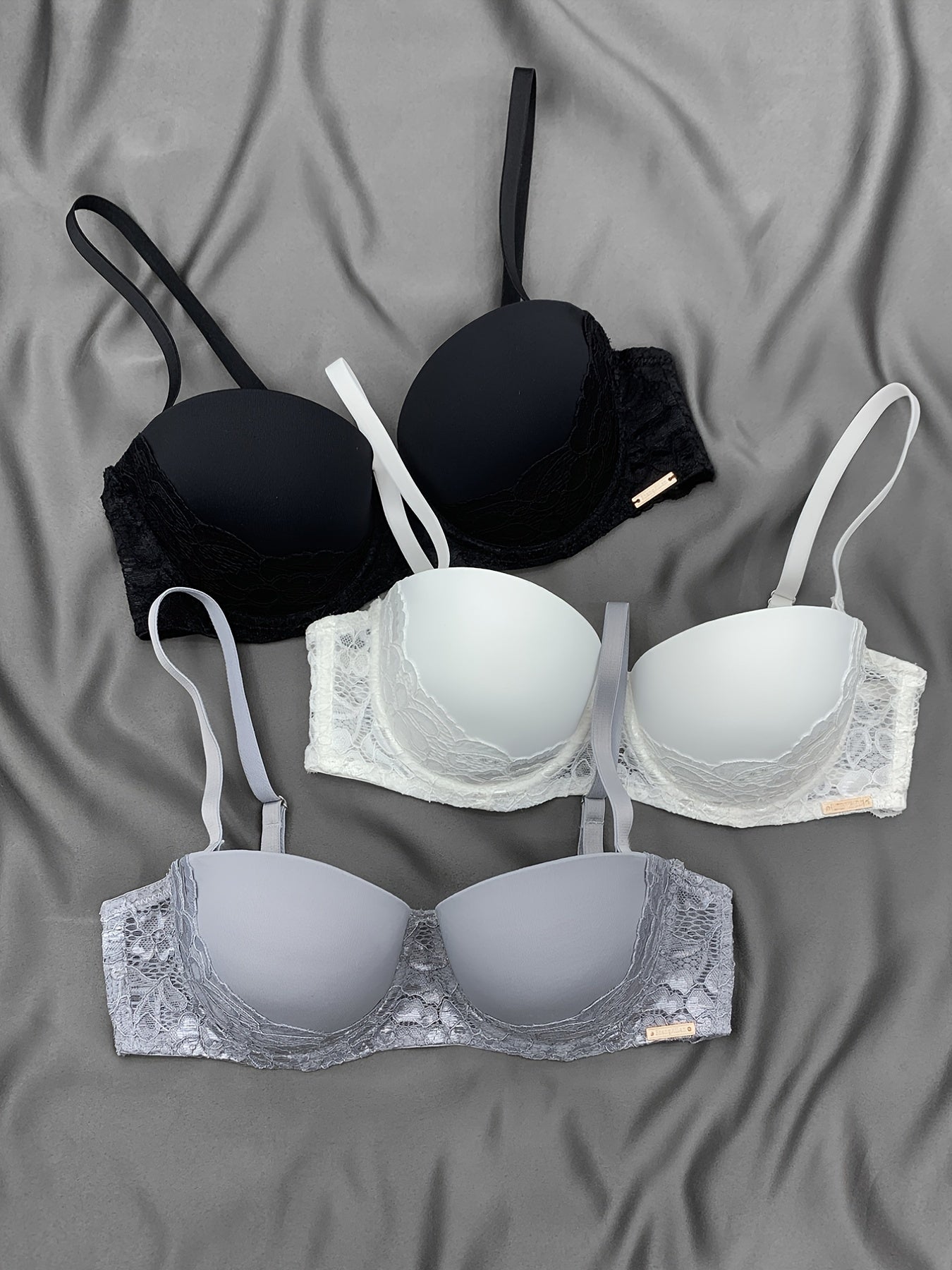 3pcs Lace Push Up Bras Comfy & Breathable Intimates Women's Lingerie