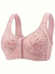 Floral Print Wireless Bra with Front Buckle Closure