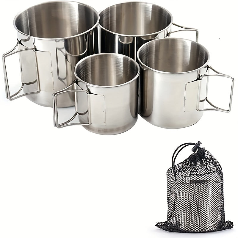 4pcs Stainless Steel Camping Mugs With Foldable Handle