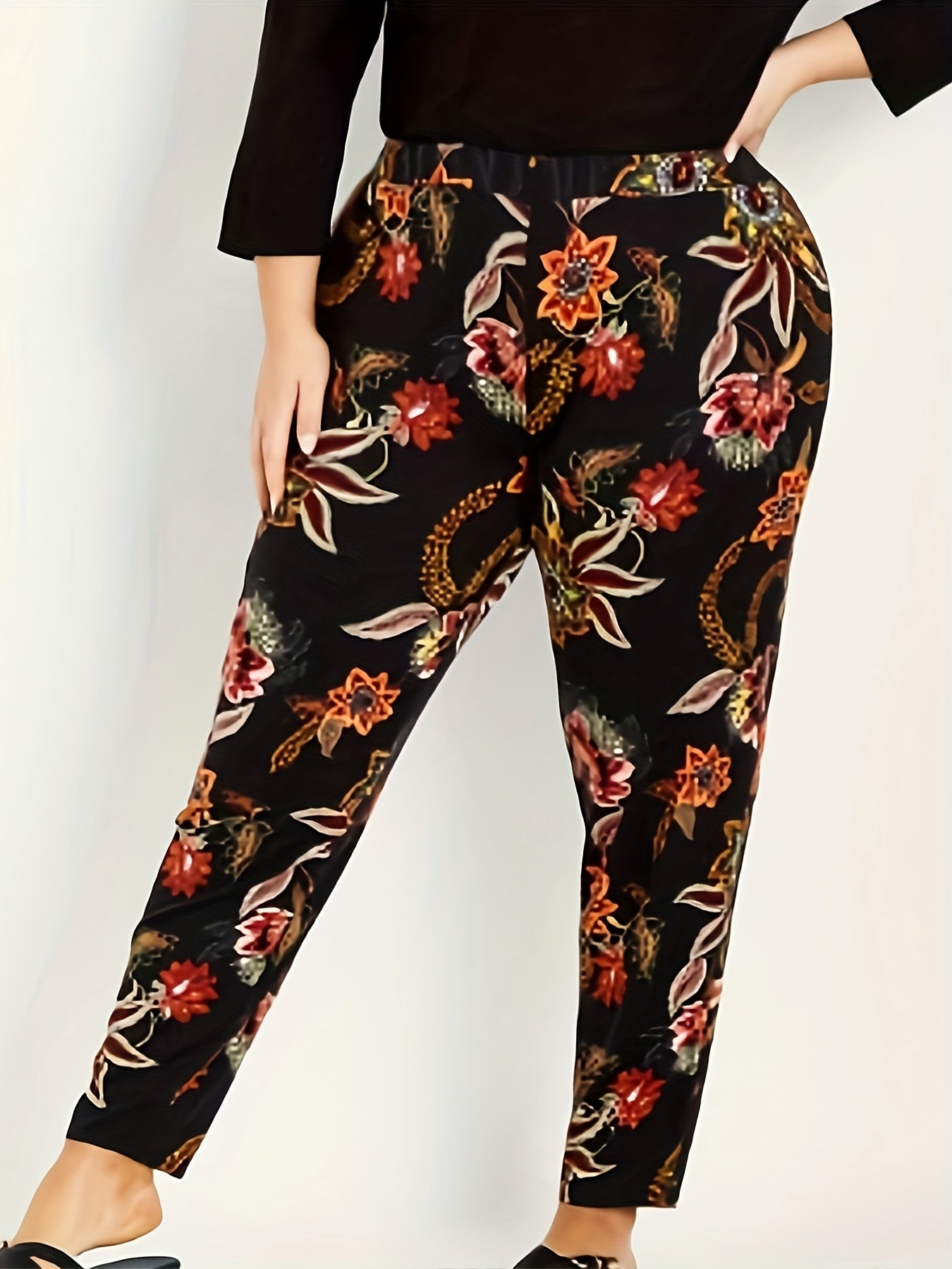  Boho Pants Women's Plus Floral Print Elastic Tapered Pants