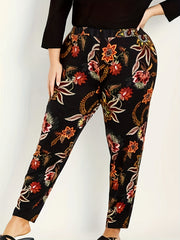  Boho Pants Women's Plus Floral Print Elastic Tapered Pants