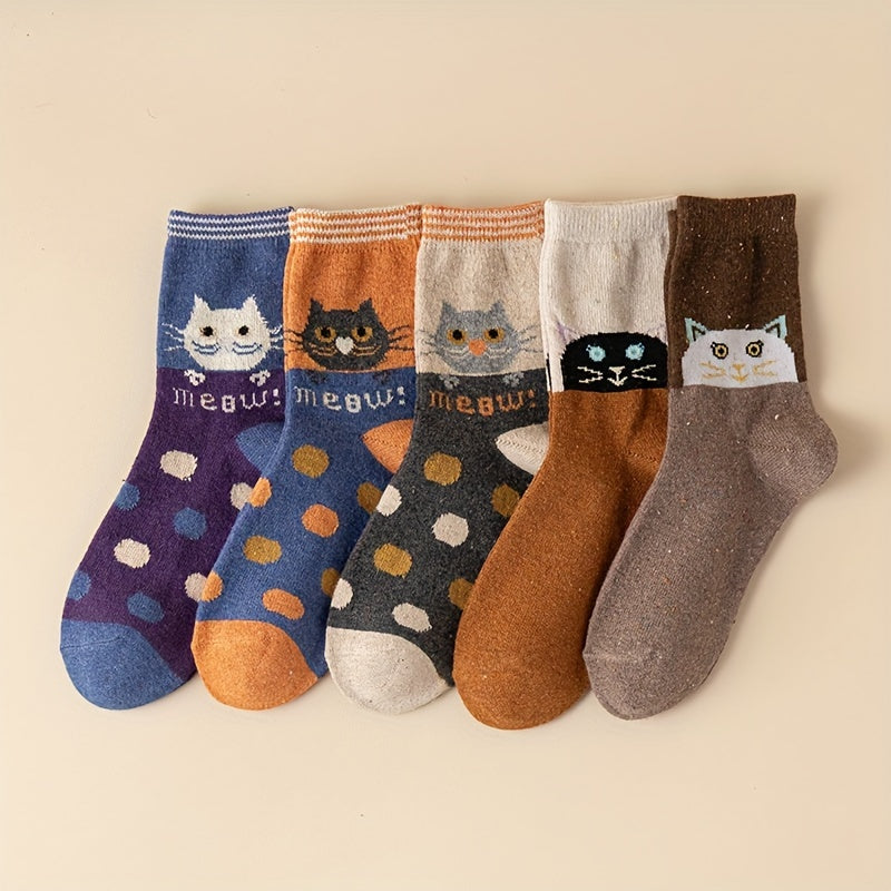 5 Pairs Cartoon Cat Print Socks Women's Mid Tube Stockings