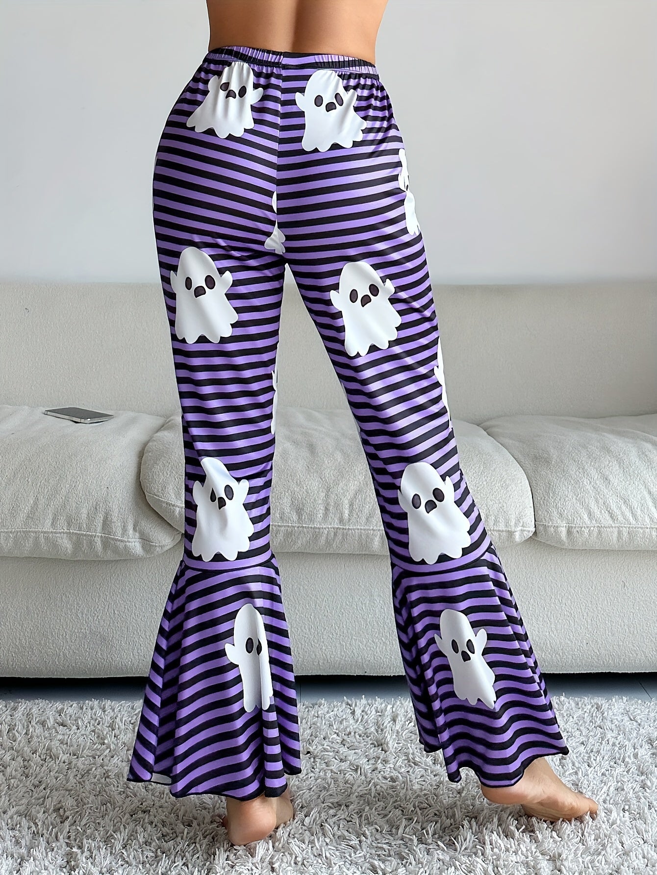 Ghost Stripe Print Lounge Pants Halloween Elastic Waistband Flare Pants