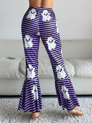 Ghost Stripe Print Lounge Pants Halloween Elastic Waistband Flare Pants