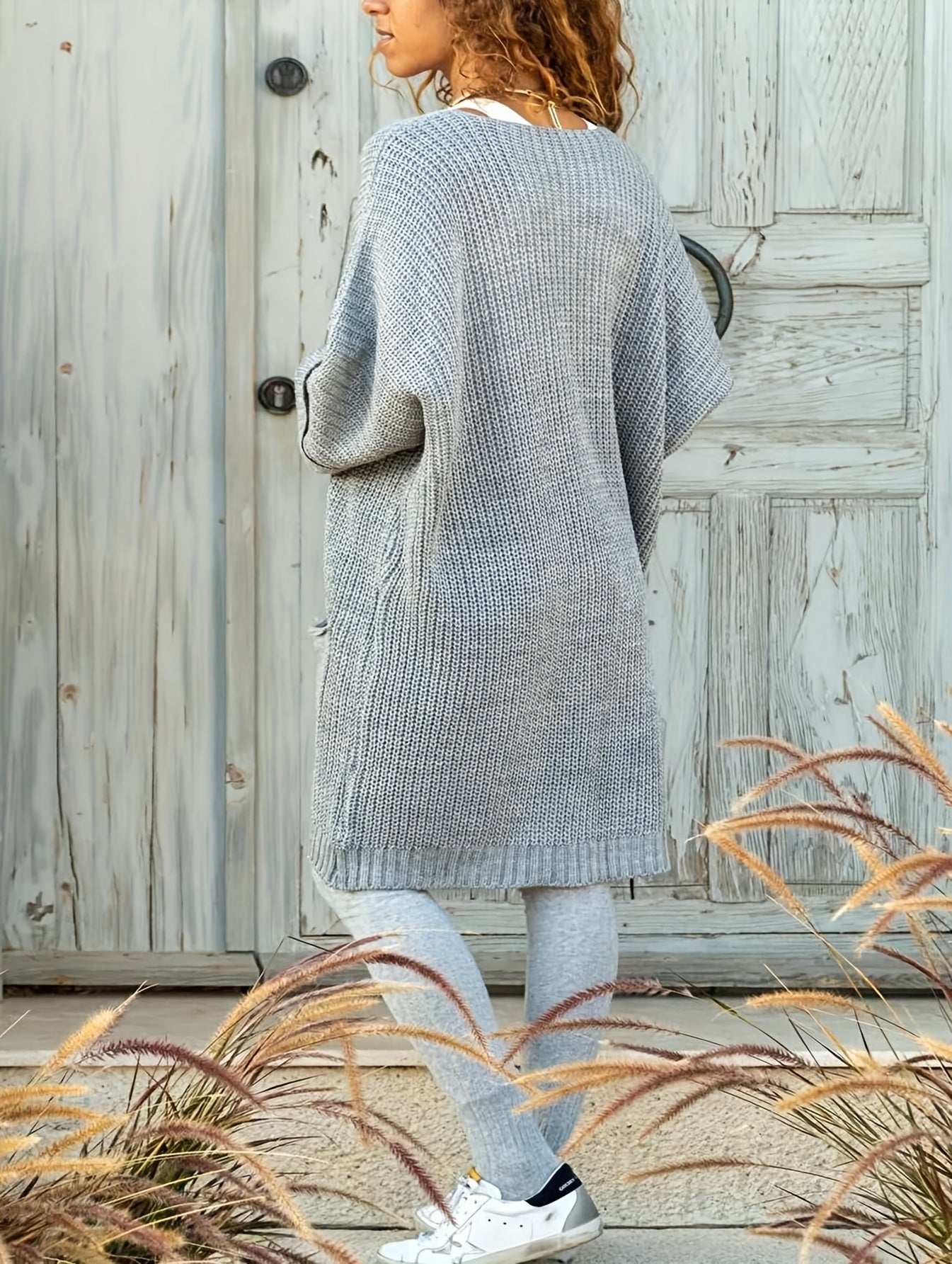  Solid Batwing Sleeve Open Front Sweater Cardigan