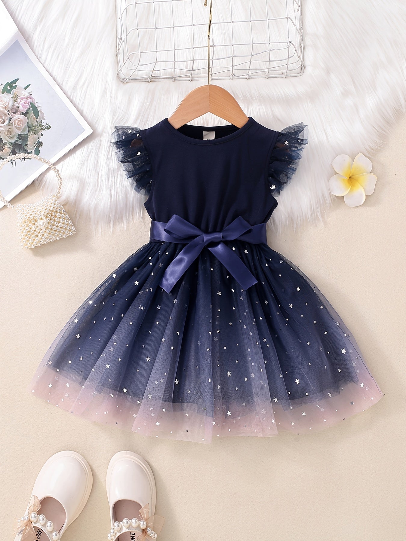 Girls Ruffled Sleeves Stars Mesh Princess Dress For Party