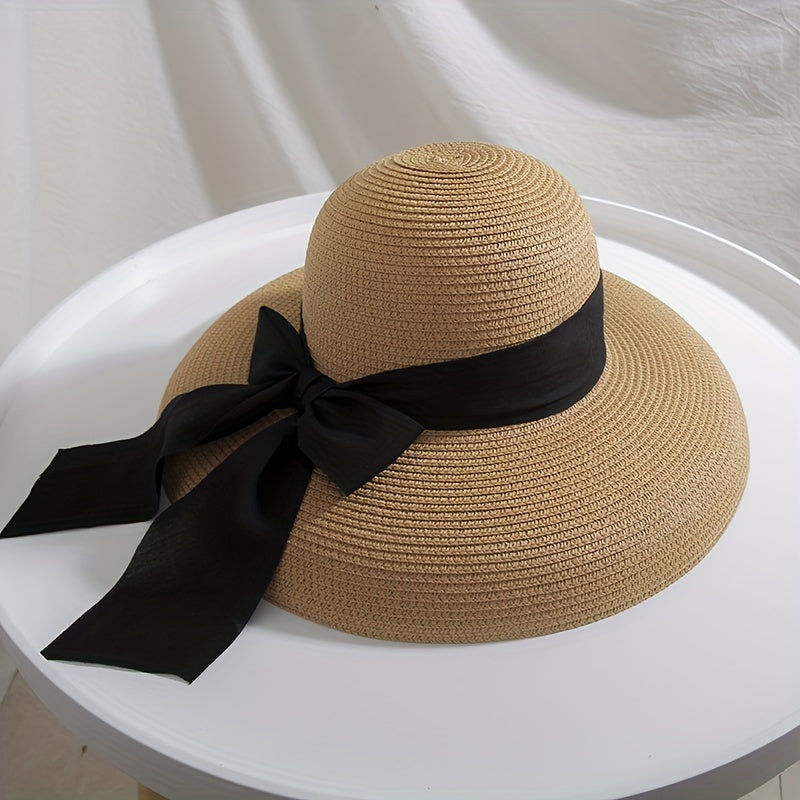 Ribbon Bowknot Sun Hat Cap Straw Hat Hepburn Style