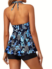  Floral Paisley Tankini Set Halter Top & Shorts Swimsuit