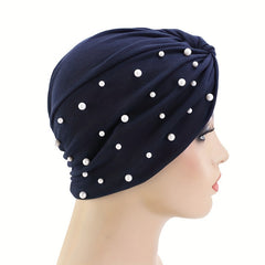 Faux Pearl Decor Turban Cap Solid Pleated Head Wrap