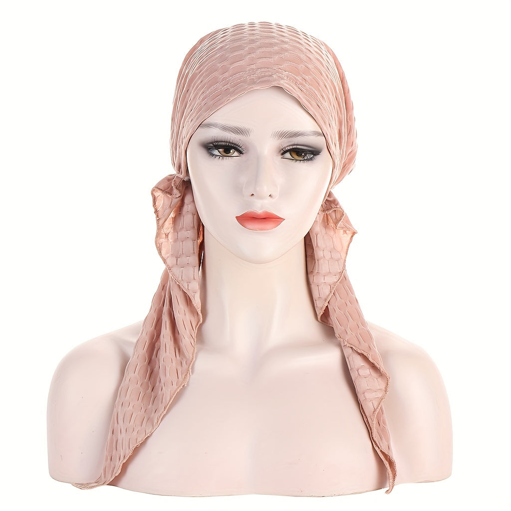 Solid Embossed Turban Cap Elastic Headscarf Women Ramadan Hijab Bandana