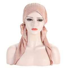 Solid Embossed Turban Cap Elastic Headscarf Women Ramadan Hijab Bandana