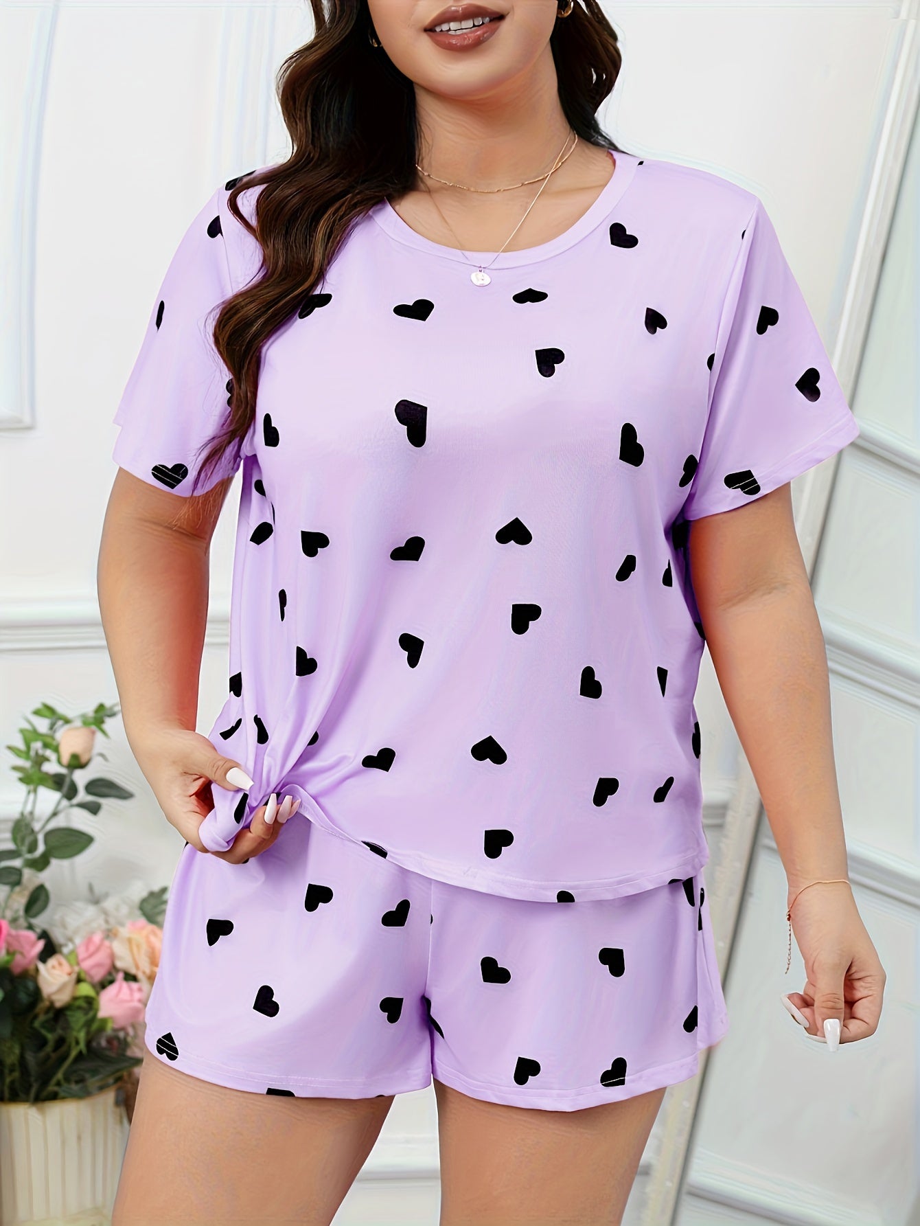  Heart Print Tee & Shorts Pajamas Set