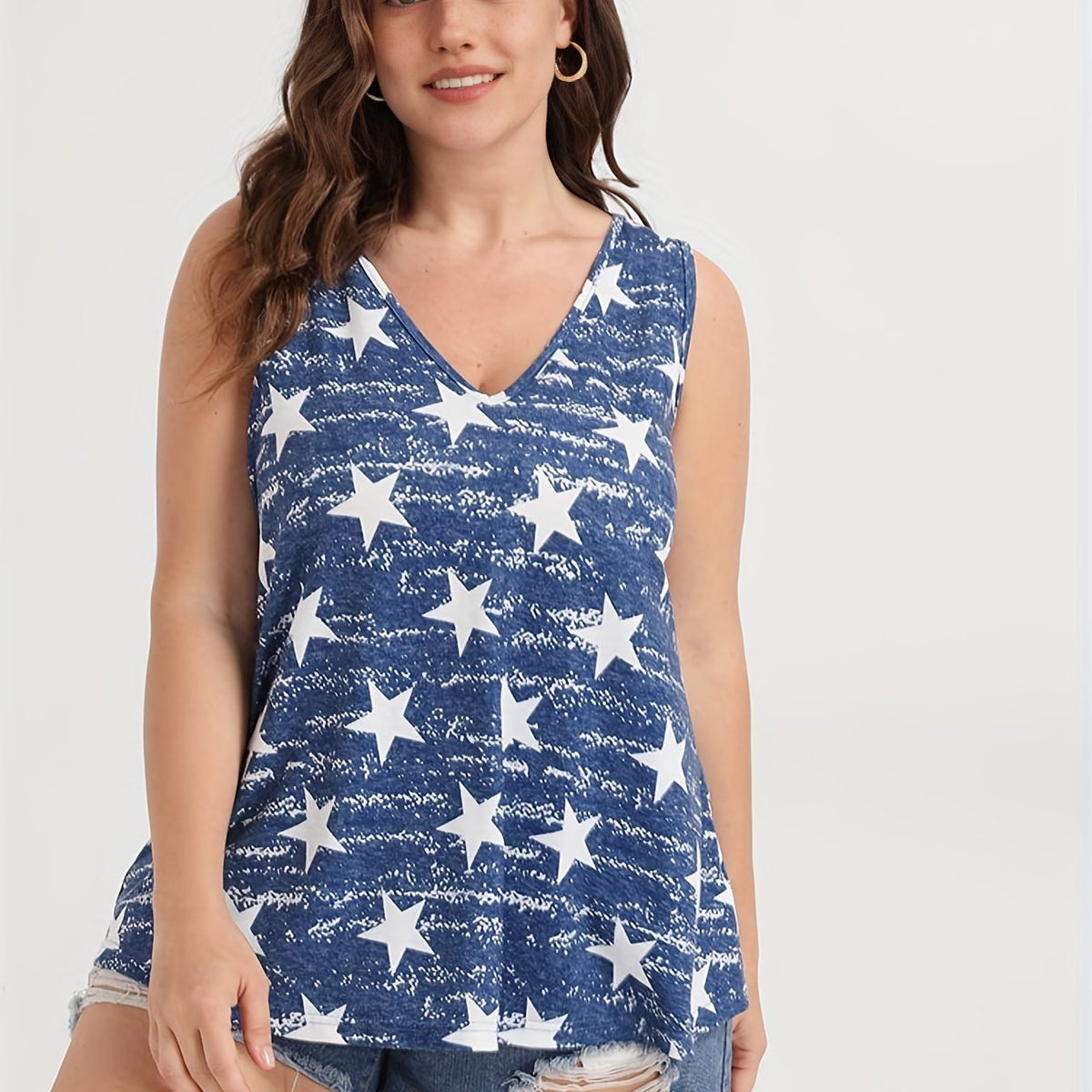  Star Print V Neck Tank Top High Stretch