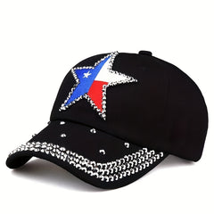 Pentagram Patch Denim Baseball Cap Rhinestone Hip Hop Distressed Dad Hat