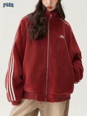 Graphic Stand up Collar Teddy Coat Zip Front Jacket
