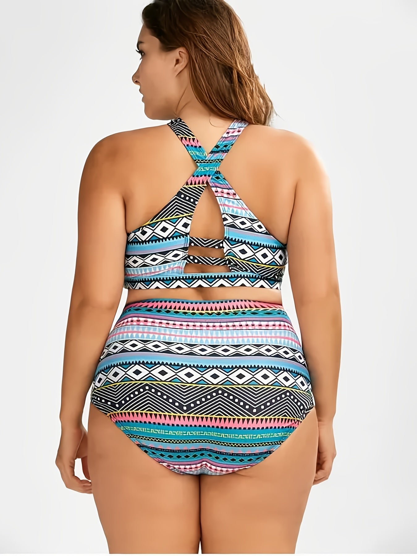  Ethnic Print Halter Neck High Waist Bikini Set