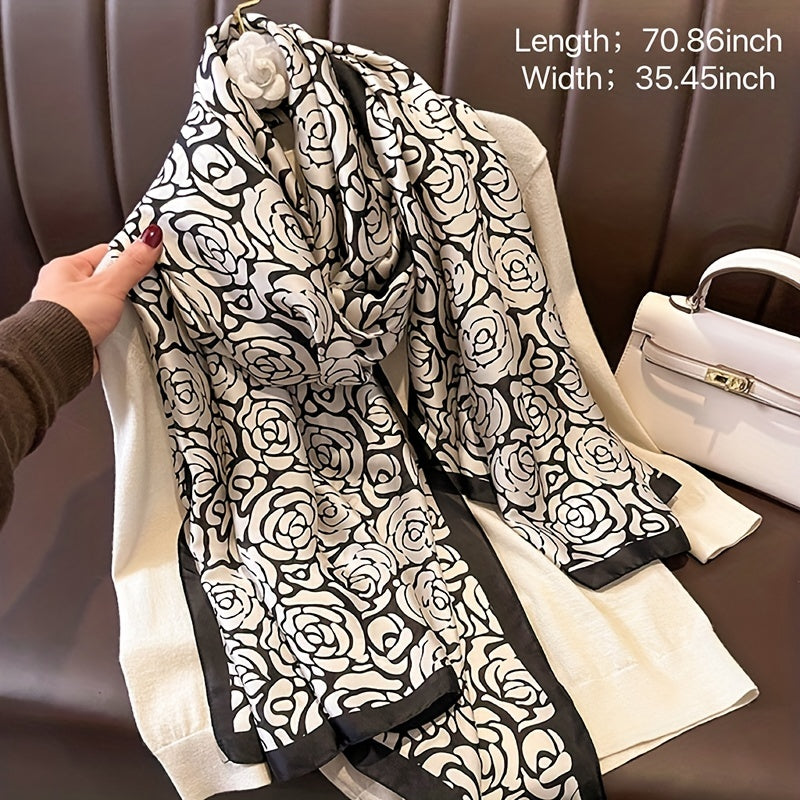 Rose Print Large Scarf Satin Shawl Silk Head Wrap