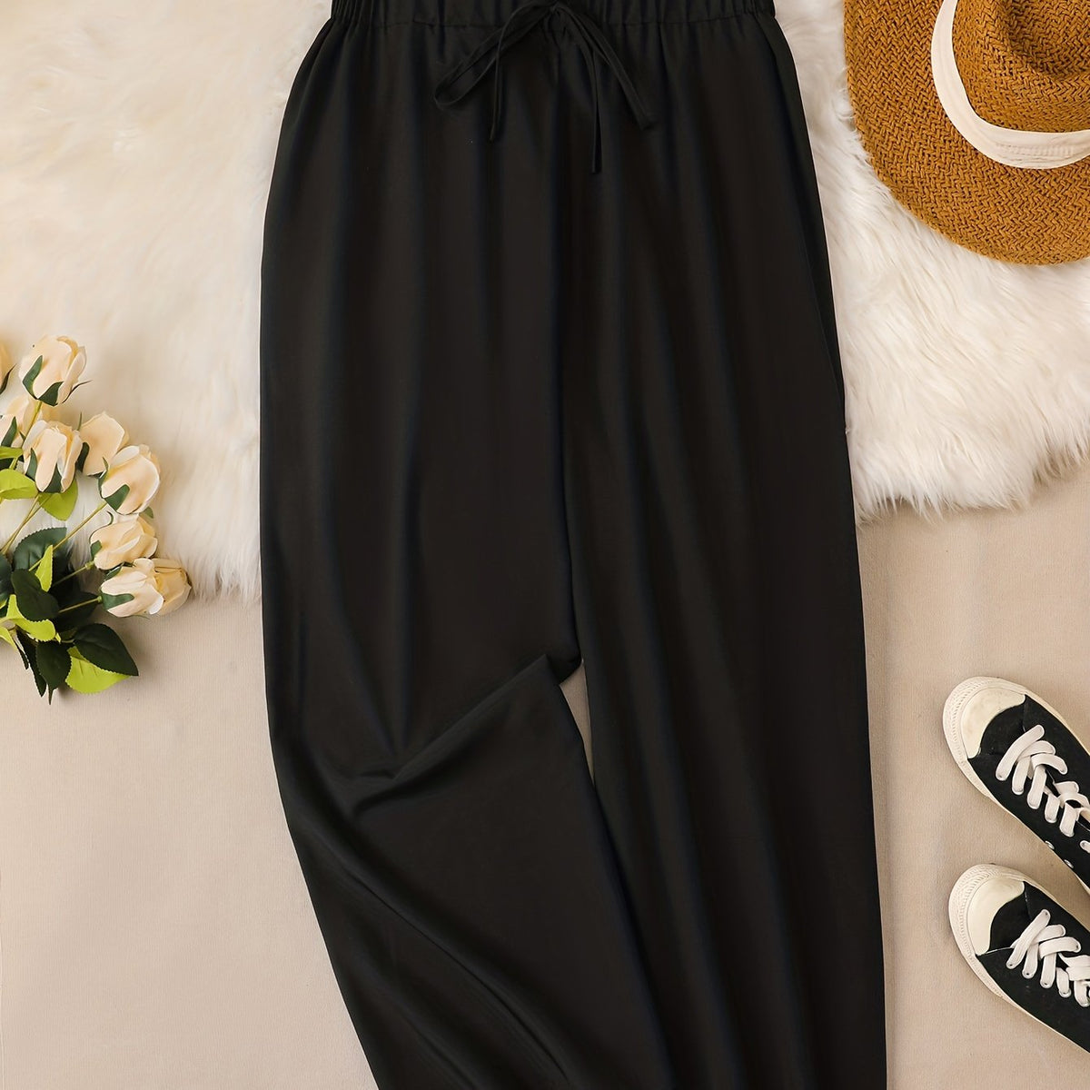  Women's Wide Leg Loose Trousers Elastic Waist