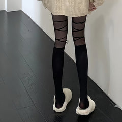 Criss Cross Pattern Tights High Waist Semi sheer