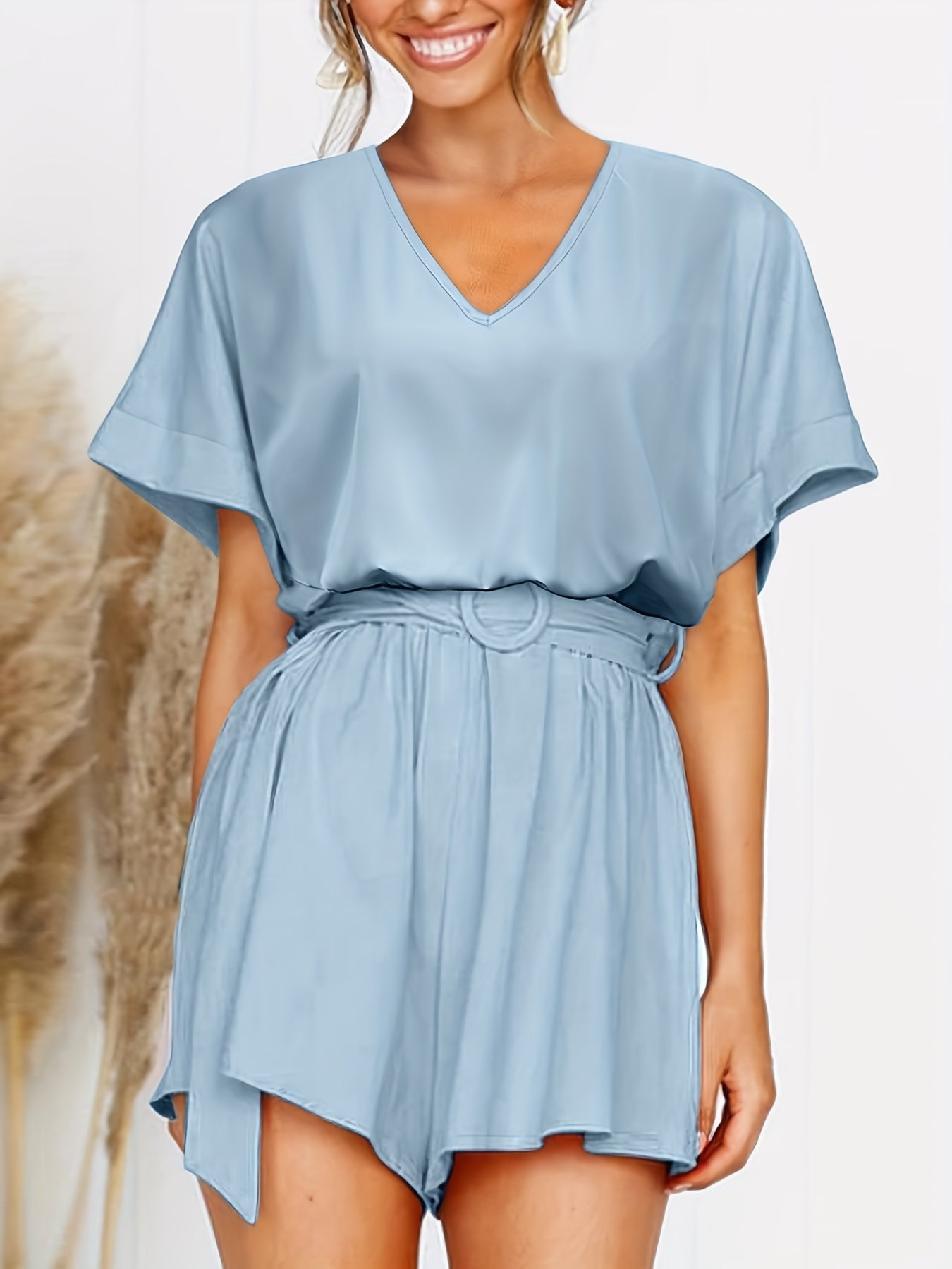 V Neck Short Sleeve Romper Casual Jumpsuit Women's Clothing