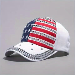 Flag Print Baseball Cap Rhinestone Decor Adjustable Dad Hat