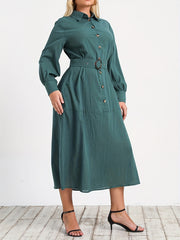  Solid Button Up Lantern Sleeve Shirt Dress With Belt