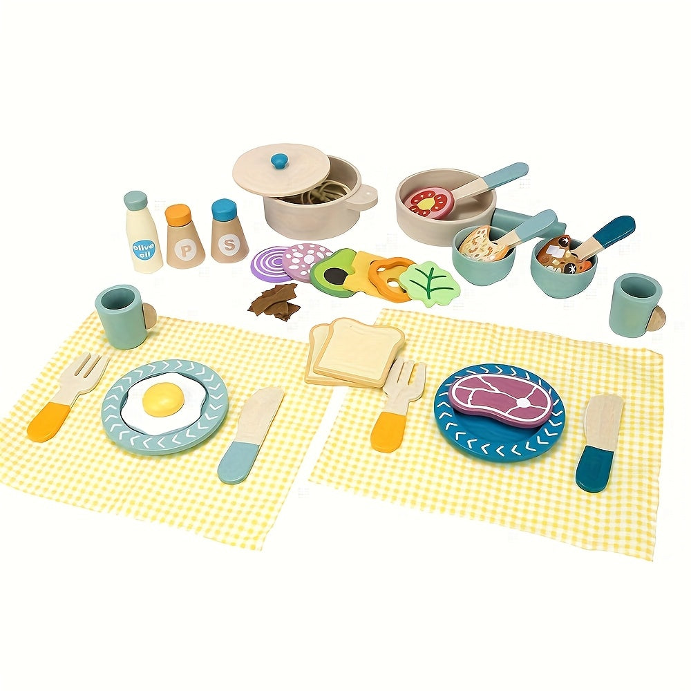Wooden Pretend Play Kitchen Set with Food & Utensils for Picnics & Cooking Fun