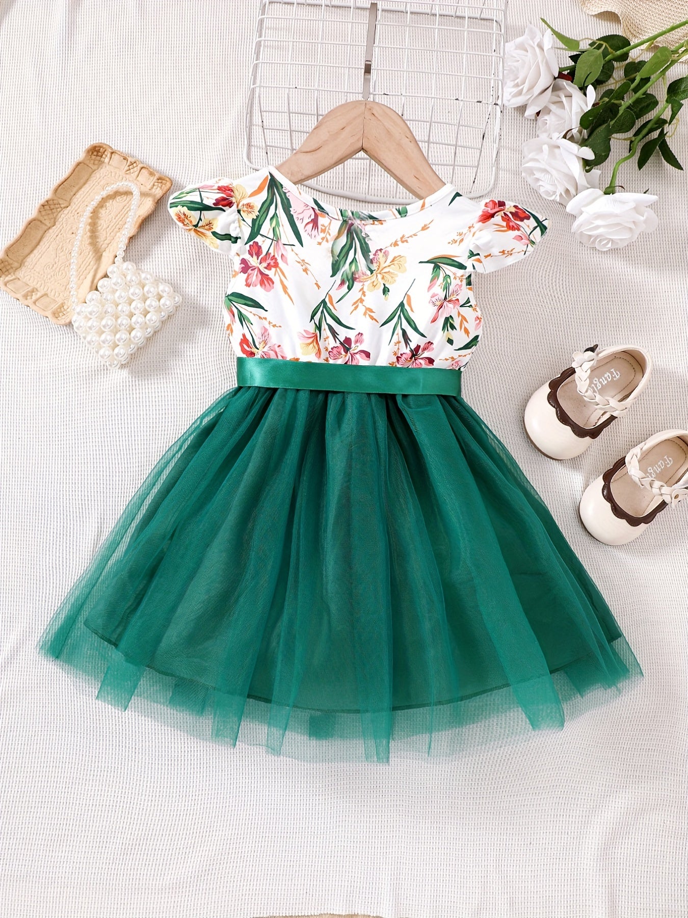 Girls Ruffled Sleeves Crew Neck Bow Floral Tulle Tutu Princess Dress