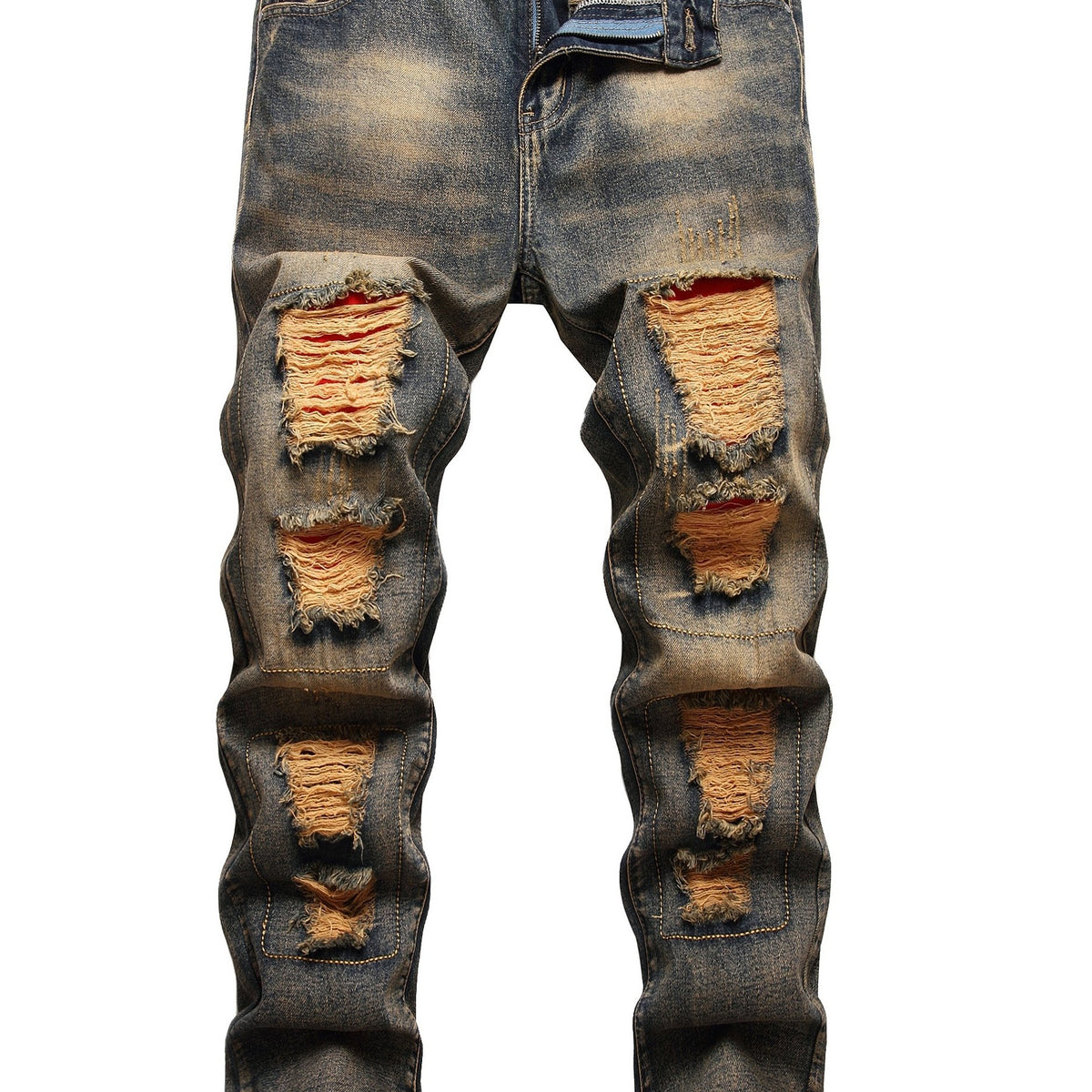 Men's Distressed Slim Fit Ripped Jeans Straight Leg Denim Pants
