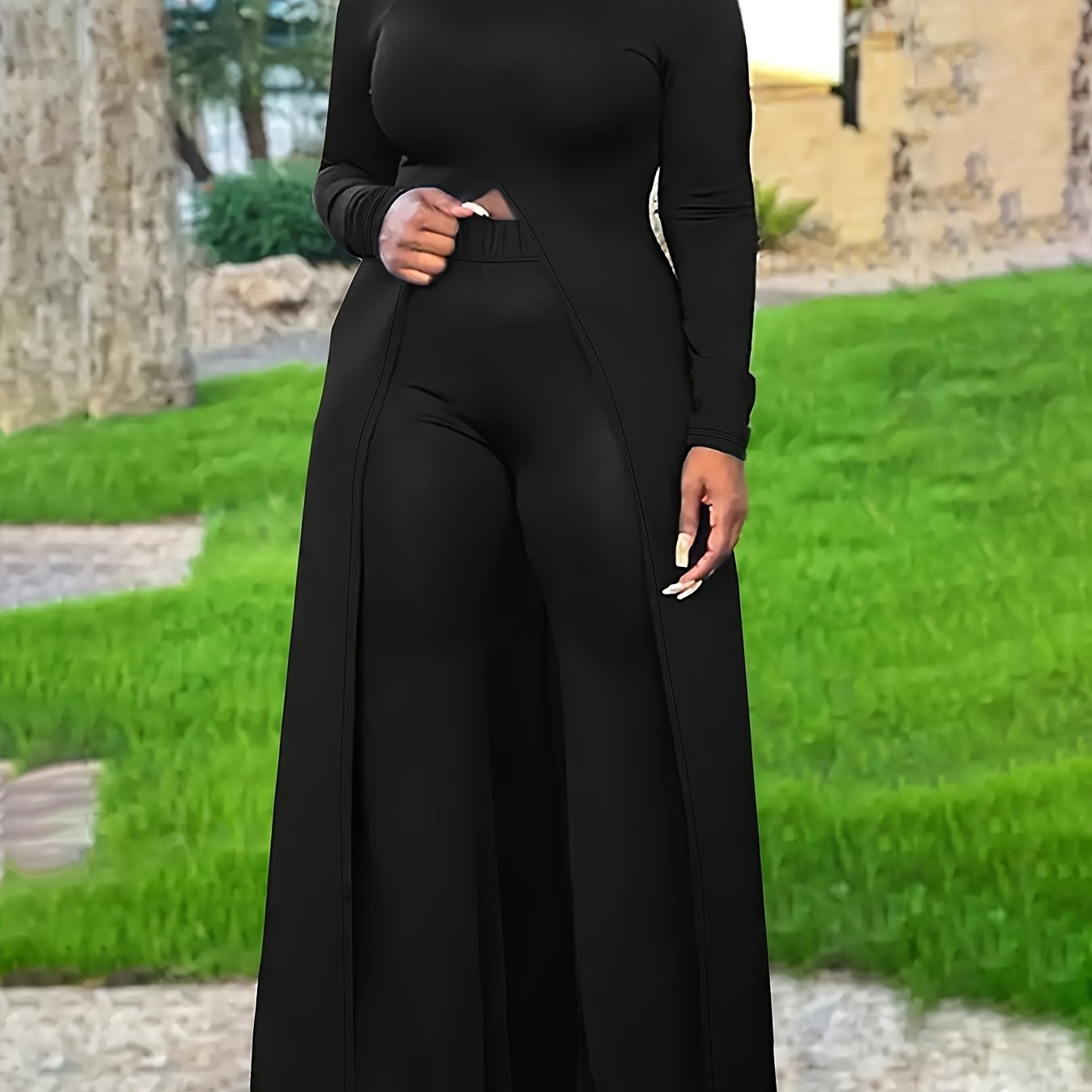  Solid Long Sleeve Hooded Tunic Top & Pants Set