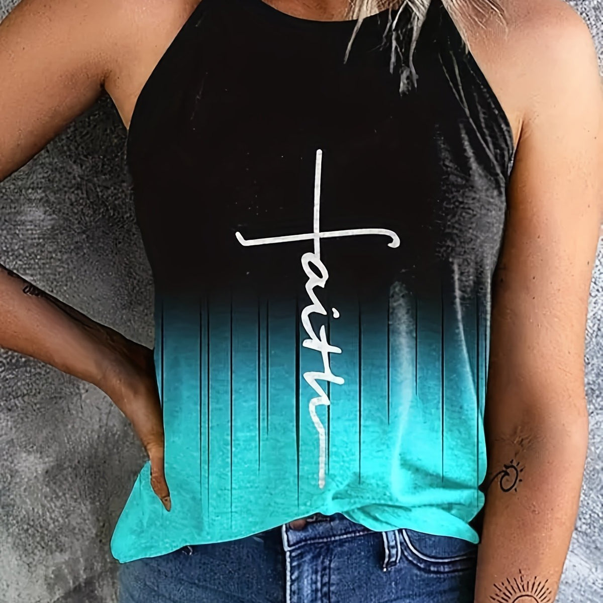 Faith Letter Print Top Casual Crew Neck Summer Sleeveless Top