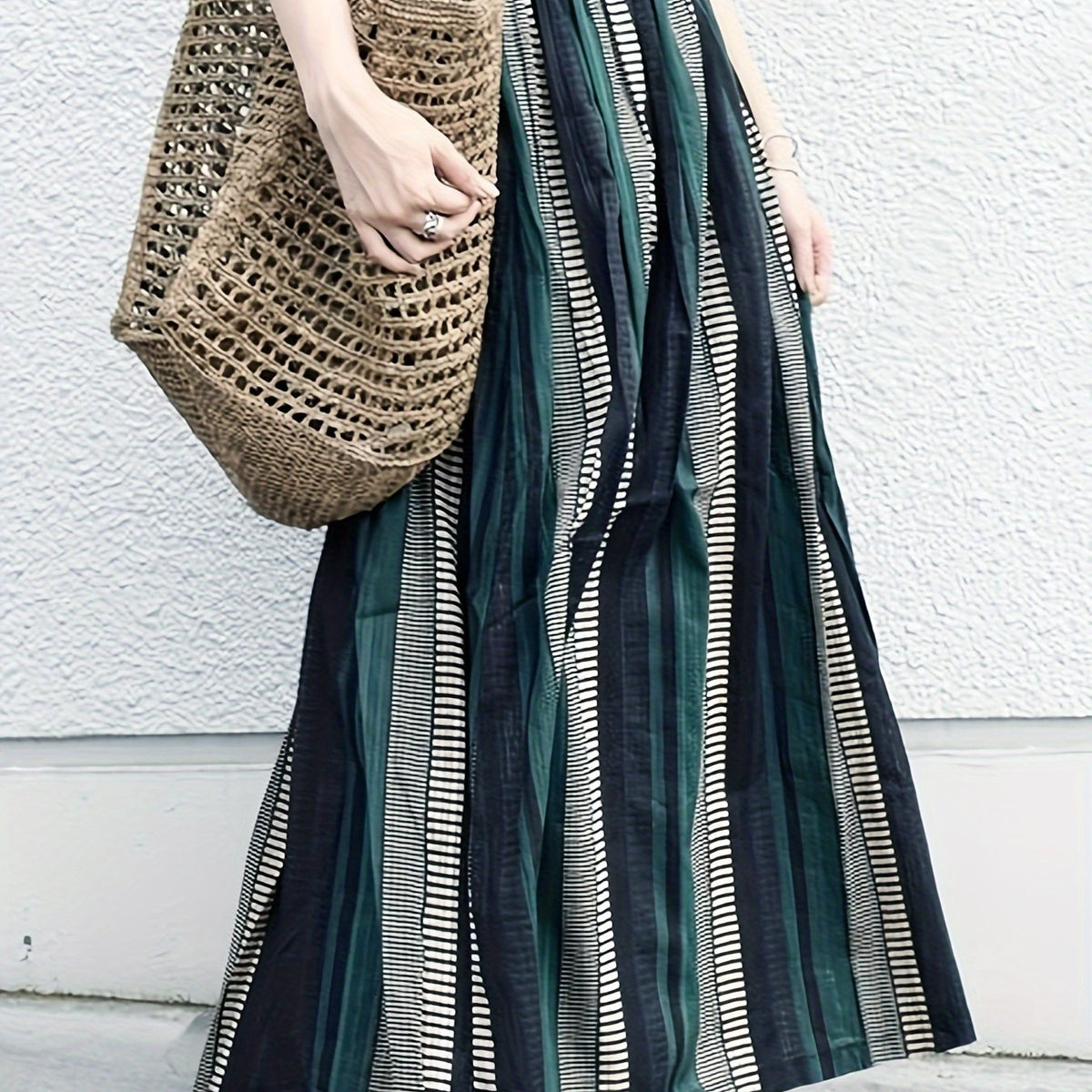 Colorblock Swing Maxi Skirt High Rise Elastic Waist
