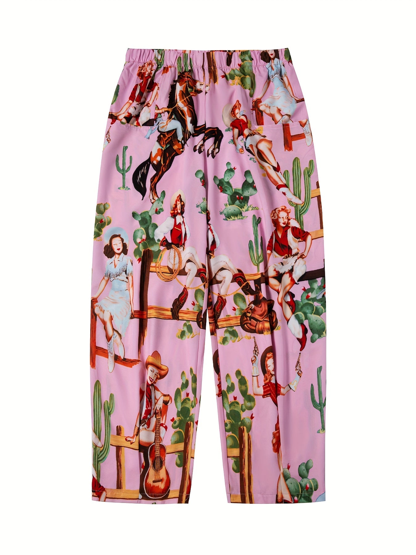  Cowgirl Print Wide Leg Pants Elastic Waist High Rise Stretch Trousers