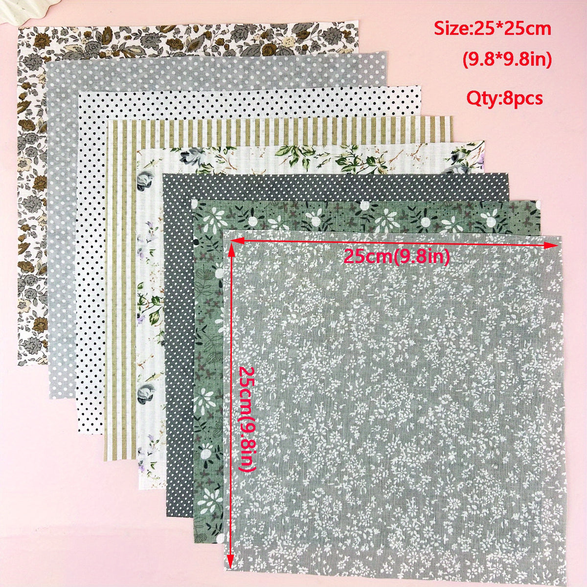 8pcs Cotton Quilted Fabric DIY Sewing Accessories Flower Cloth 9.8in