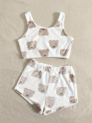  Bear Pattern Flannel Crop Tank Top & Shorts 2-Piece Set