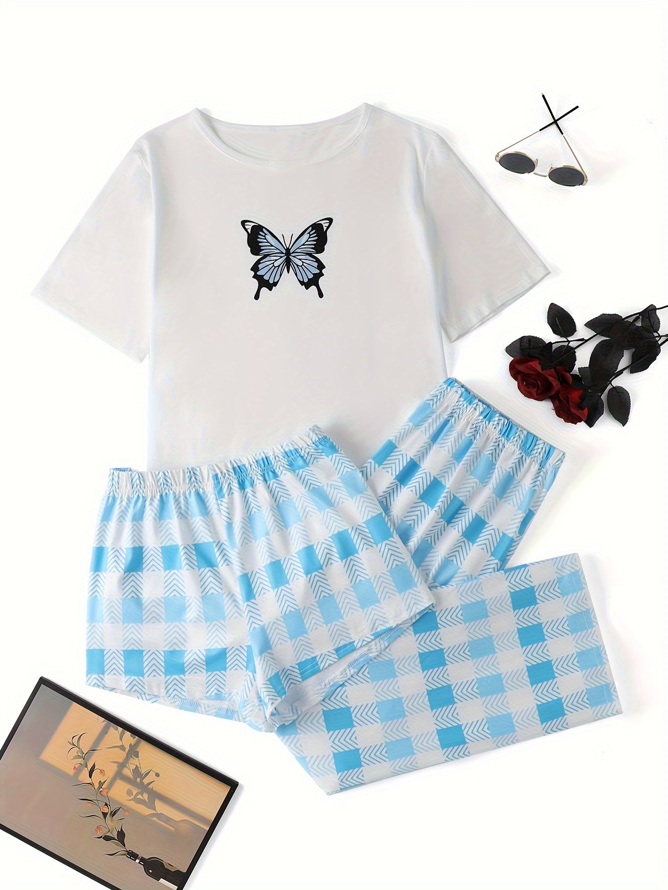  Butterfly Print Tee & Plaid Shorts Set