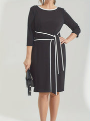  Colorblock Half Sleeve Belted Dress