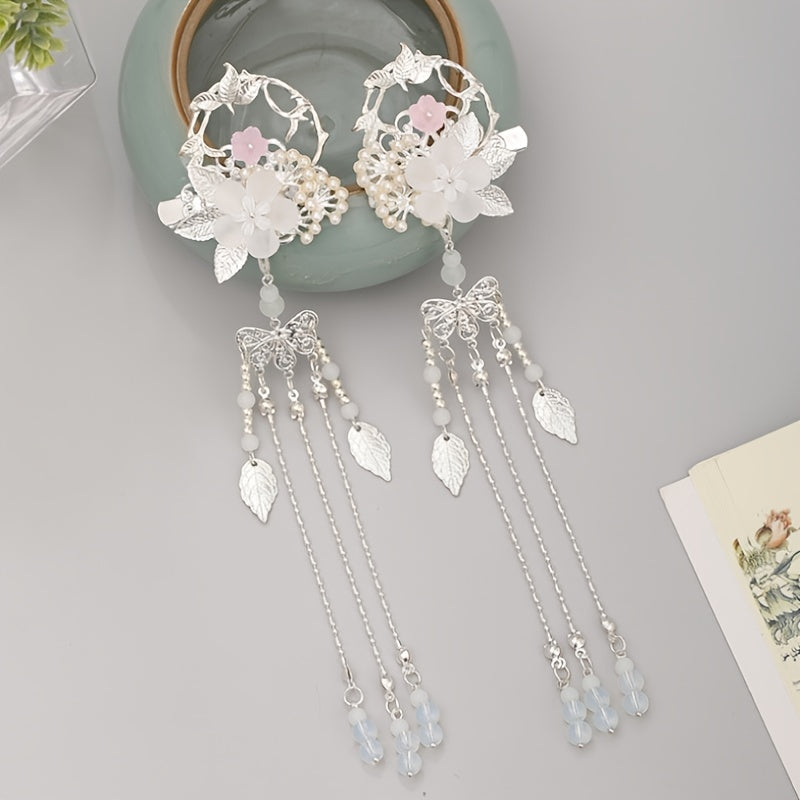 Flower Leaf Pearls Hairpins Tassel Hanfu Dress Hairclip