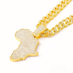 Men's Zircon Inlaid Map Pendant with Cuban Chain Necklace