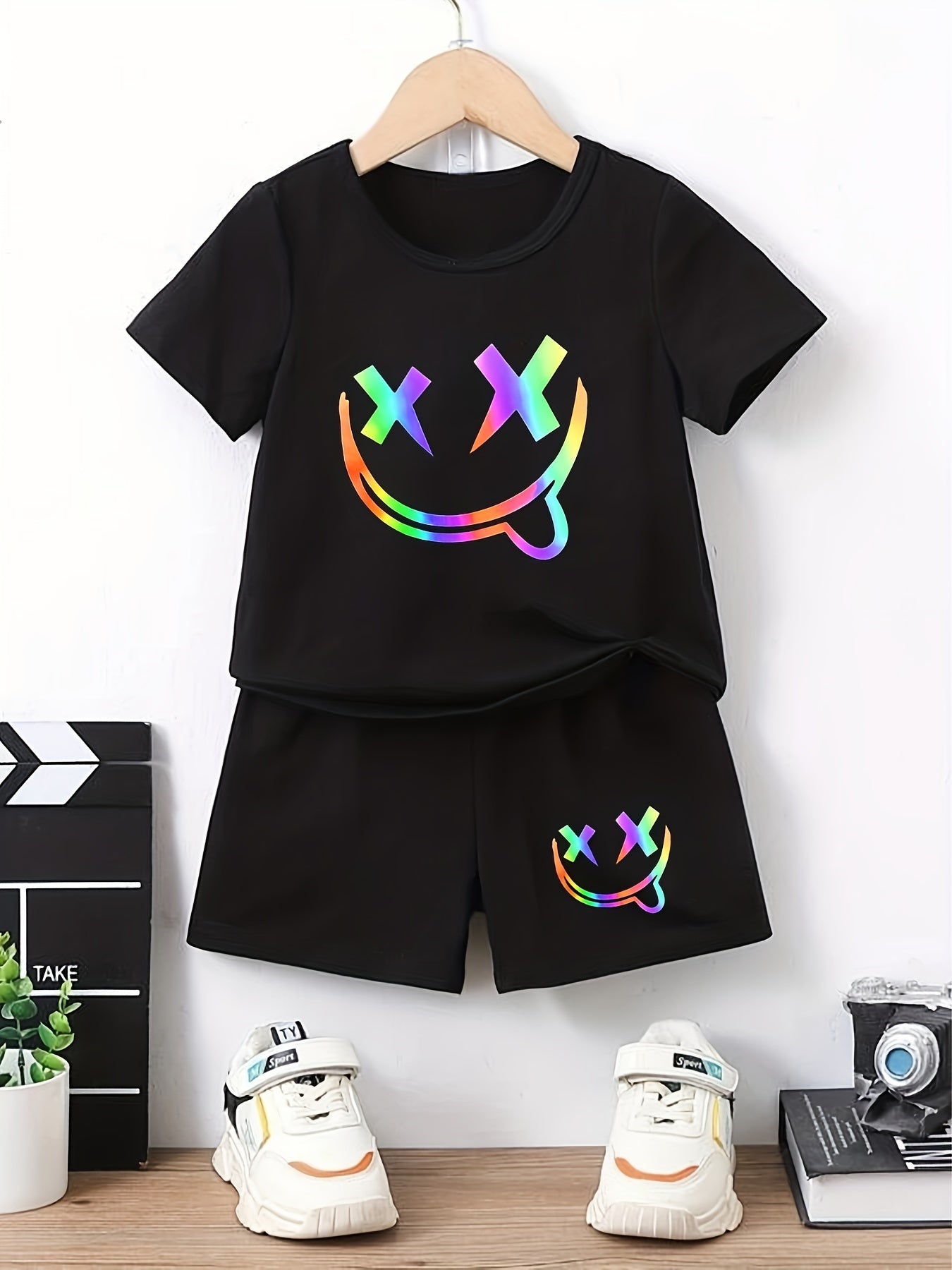 Boys Funny Face Print Casual Outfit T shirt & Shorts Kids Summer Clothes Sets