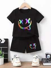 Boys Funny Face Print Casual Outfit T shirt & Shorts Kids Summer Clothes Sets