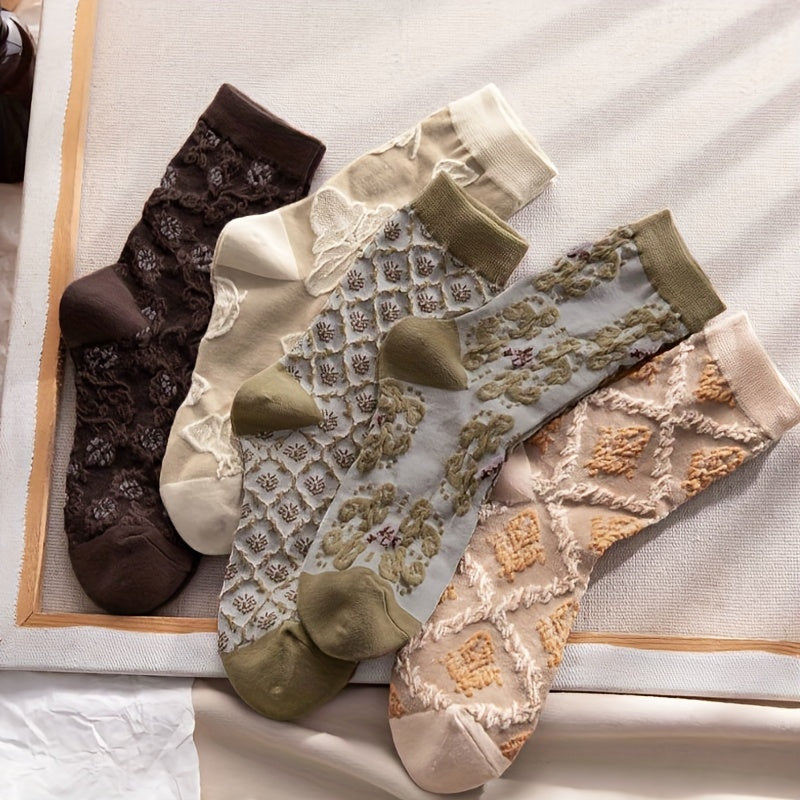 5 Pairs Floral Print Socks Retro Style Textured Women's Stockings