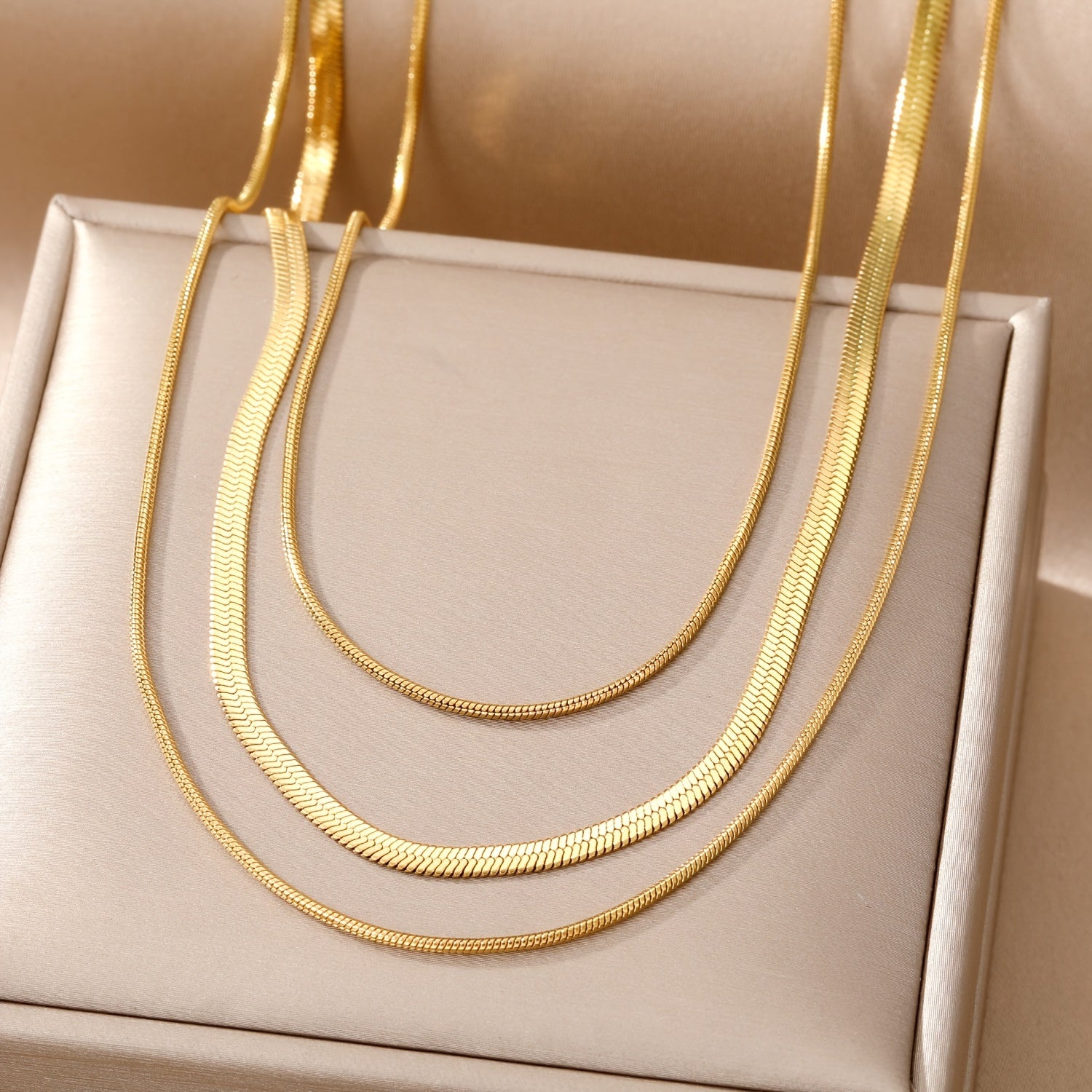 Golden 3-Layer Flat Snake Chain Necklace