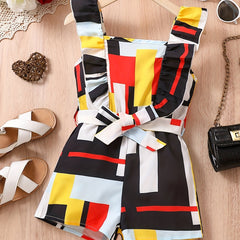 Girls Colorblock Print Ruffle Strappy Belted Romper Jumpsuit