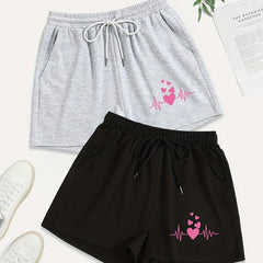 2 Pack Plus Size Heart Print Drawstring Shorts With Pockets