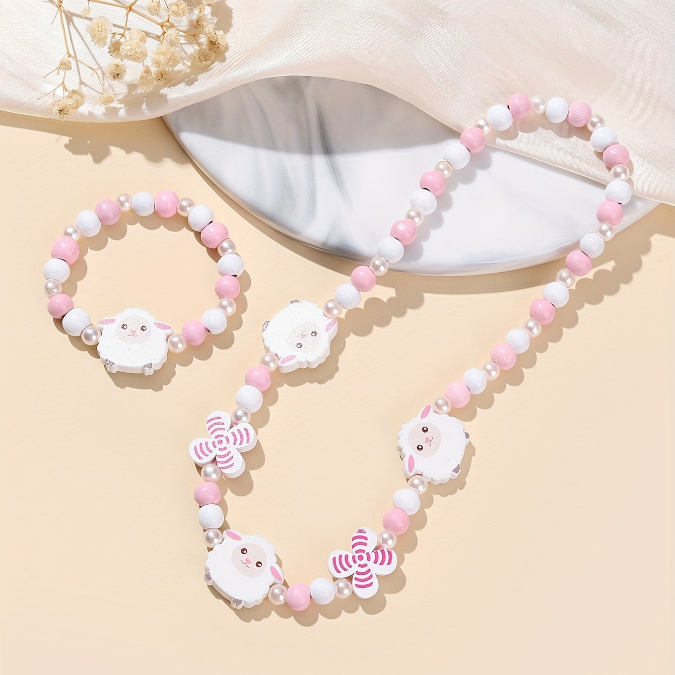 Pink Wood Fox Flower Beads Jewelry Set