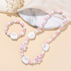 Pink Wood Fox Flower Beads Jewelry Set