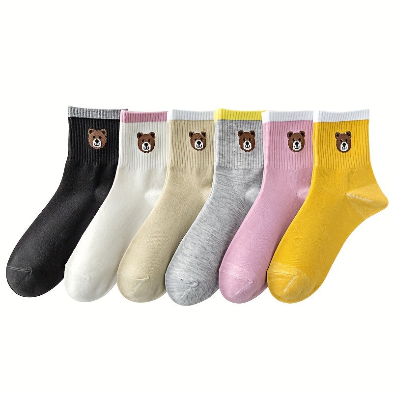 6 Pairs Bear Print Socks Comfy Mid Tube Women's Stockings