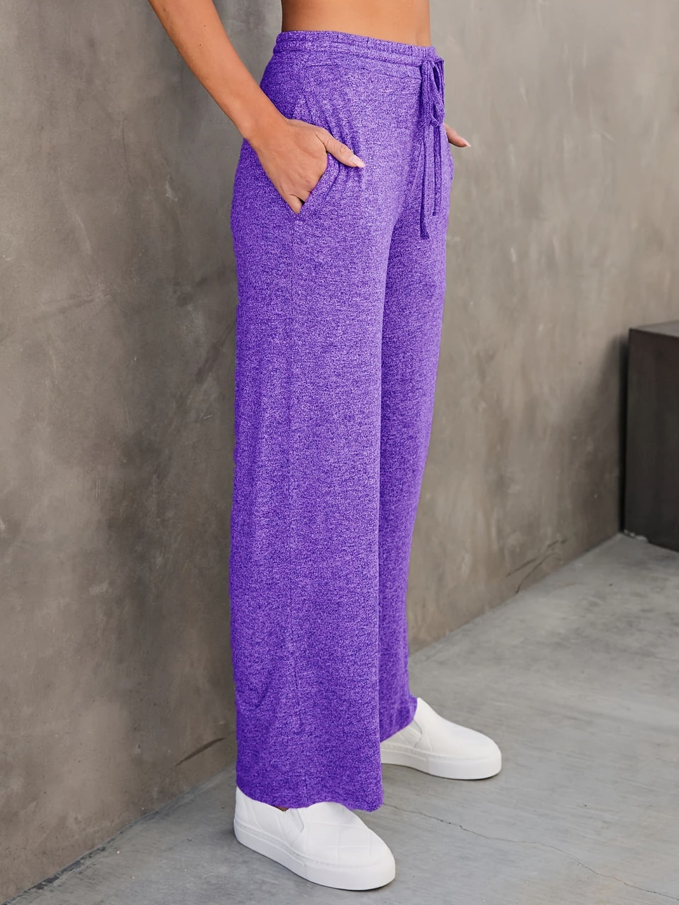  Solid Drawstring Loose Straight Leg Pants