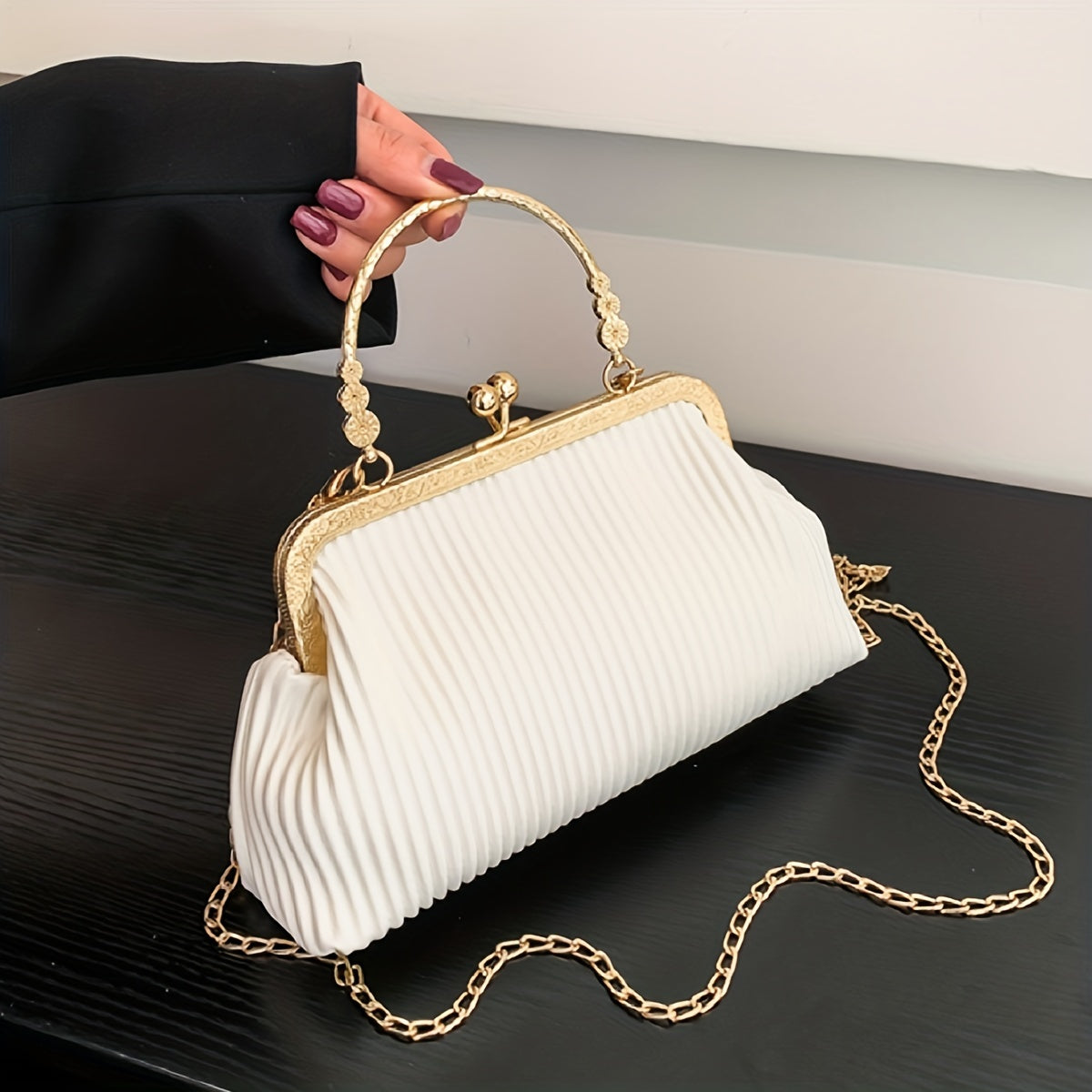 Ruched Handbag Top Ring Chain Clutch Purse For Evening Dinner